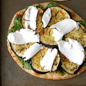 Vegetarian Eggplant Naan Pizza with Cilantro Jalapeno Pesto