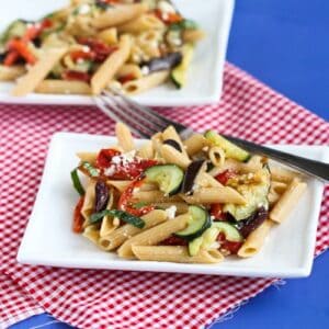 Roasted Vegetable Pasta Salad Recipe with Eggplant, Zucchini & Roasted Peppers
