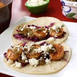 Roasted Tomatillo Shrimp Tacos Recipe with Honey-Lime Slaw | Cookin' Canuck