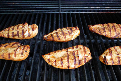 Grilled chicken breasts on a grill.