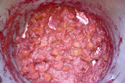 Cooked rhubarb in a saucepan.
