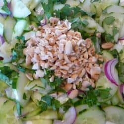Sliced cucumber, red onions and chopped peanuts in a white bowl.