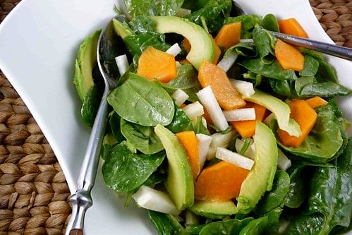 Spinach Salad with Fuyu Persimmons, Jicama & Avocado with Miso Dressing Recipe