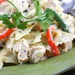 Bowtie pasta in a cream sauce with chicken and vegetables on a green plate.