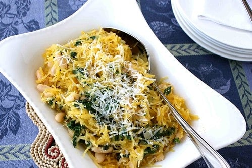 Spaghetti Squash Recipe with Spinach, Feta & Basil White Beans | cookincanuck.com #vegetarian #MeatlessMonday