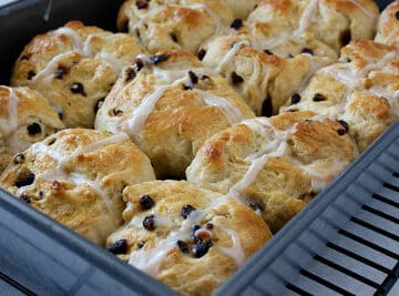 Hot cross buns are a welcome traditional addition to an Easter brunch. The soft buns are wonderful served warm with a pat of butter.