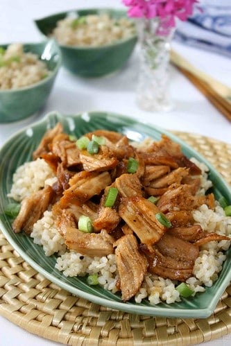 Braised Country Style Ribs Recipe in hoisin sauce on a bed of rice, on a green plate.