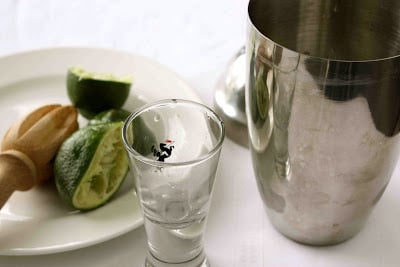 A shot glass, cocktail shaker and cut limes.