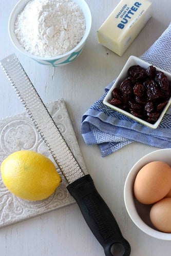 Ingredients for lemon and dried cherry quick bread recipe.