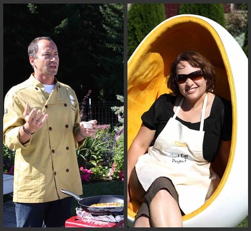 A man talking and a woman sitting in an egg chair.