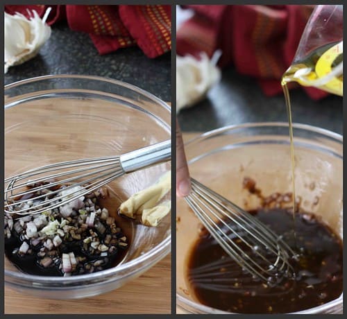 Collage of whisking a vinaigrette in a glass bowl.