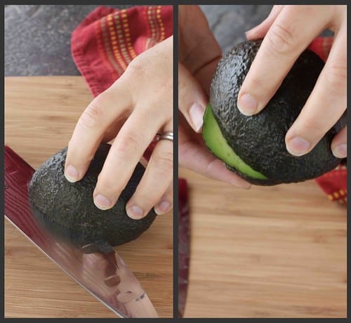 Collage of cutting an avocado in half.