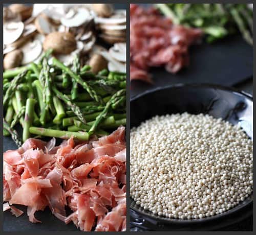 Collage one photos with chopped prosciutto, asparagus and mushrooms, the other photo with a bowl of raw pearl couscous.