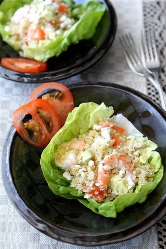 These salad cups rank with some of my favorite lunch recipes. Shrimp, avocado, quinoa and a simple lemon dressing come together for a light, delicious meal. #shrimprecipes #quinoa #healthyrecipes