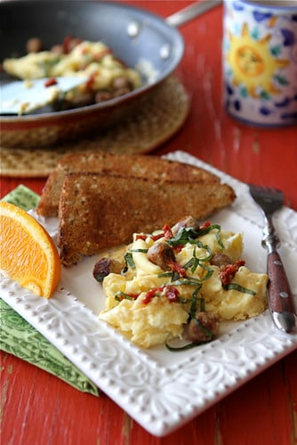 Scrambled-Egg-Recipe-with-Turkey-Sausage-Sun-Dried-Tomatoes-&-Basil-Cookin-Canuck