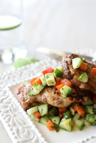 Spicy Chicken Thigh Recipe with Cucumber Avocado Salsa | cookincanuck.com #healthy