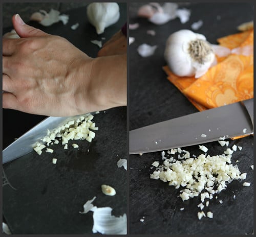 Collage of chopping garlic with a large knife.