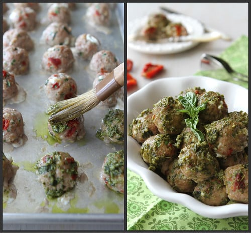 Brushing meatballs with pesto and cooked meatballs in a white bowl.