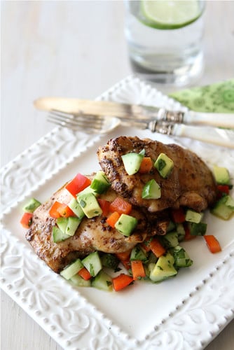 Spicy Chicken Thigh Recipe with Cucumber Avocado Salsa | cookincanuck.com #healthy