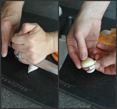 Collage of removing papery skin from garlic.
