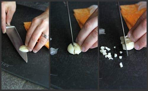 Collage of slicing garlic cloves with a large knife.
