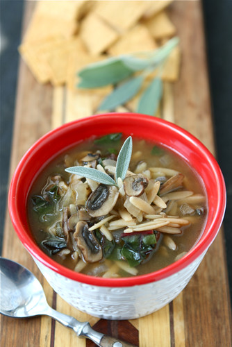 This delicious Healthy Mushroom, Orzo and Swiss Chard Soup is hearty and rich in flavor, but light on calories. 126 calories and 3 Weight Watchers Freestyle SP #vegan