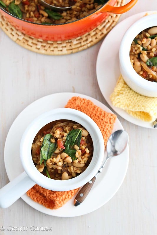 Barley Stew with Caramelized Onions, White Beans and Spinach ...Healthy comfort food! 261 calories and 7 Weight Watchers SmartPoints #vegan #vegetarian