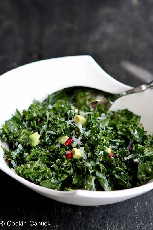 This beautiful chopped kale salad is fantastic for the holidays, with the festive color and pop of pomegranate seeds. 199 calories and 4 Weight Watchers Freestyle SP