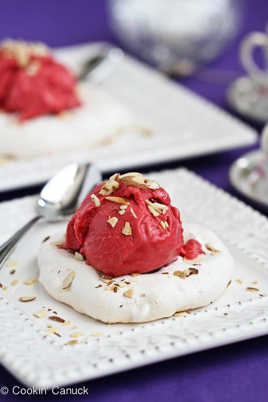 Almond Meringue Recipe with Raspberry Sorbet by Cookin' Canuck #dessert #ValentinesDay #recipe