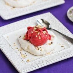 Meringue topped with raspberry sorbet on a white plate.