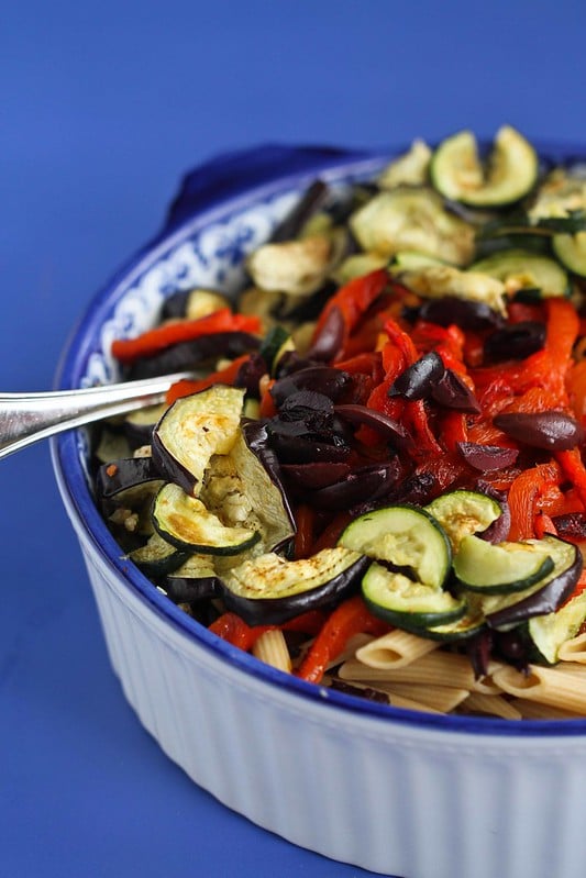 Roasted Vegetable Pasta Salad Recipe with Eggplant, Zucchini & Feta Cheese #recipe #vegetarian #pasta