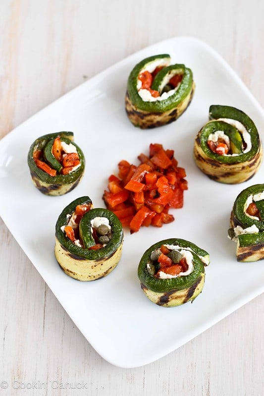 Grilled Zucchini Roll Recipe with Goat Cheese, Roasted Peppers & Capers | cookincanuck.com #vegetarian #recipe
