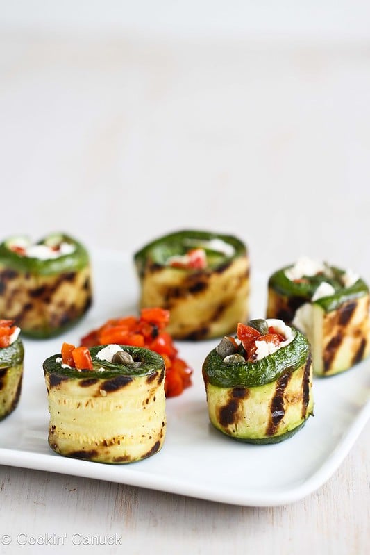 Grilled Zucchini Rolls with Goat Cheese, Roasted Peppers and Capers...54 calories and 1 Weight Watchers PP | cookincanuck.com #vegetarian #recipe