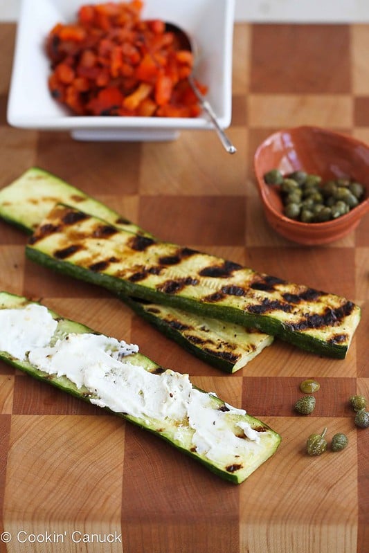 Grilled Zucchini Roll Recipe with Goat Cheese, Roasted Peppers & Capers | cookincanuck.com #vegetarian #recipe