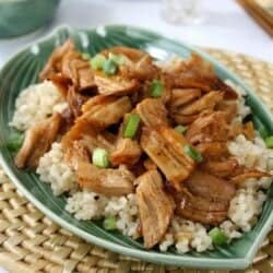 Country style pork ribs in hoisin sauce, served on a bed of rice, on a green plate.