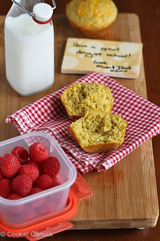 Healthy Cornmeal Avocado Muffin Recipe with Cheddar Cheese | cookincanuck.com #recipe #avocado #muffin #schoollunch