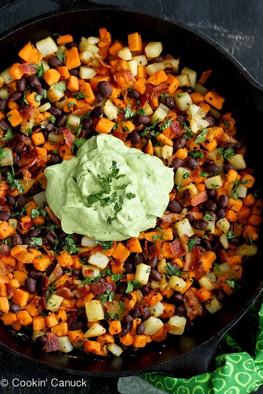 Sweet Potato Hash Recipe with Creamy Avocado Sauce...An instant brunch favorite! 120 calories and 4 Weight Watchers Smartpoints
