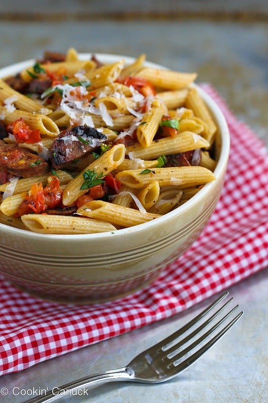 Roasted Tomato & Chicken Sausage Whole Wheat Pasta Recipe | cookincanuck.com #pasta