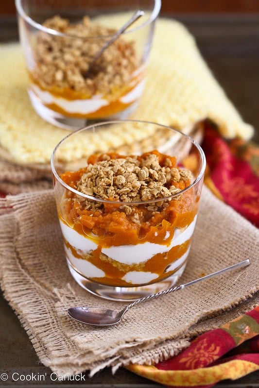 Healthy Spiced Pumpkin, Yogurt and Granola Parfait Recipe | cookincanuck.com #pumpkin #yogurt