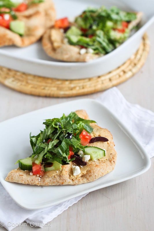 10-Minute Hummus & Greek Salad Naan (Flatbread) Recipe | cookincanuck.com #vegetarian