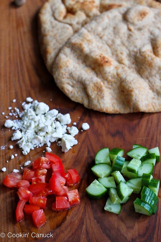 10-Minute Hummus & Greek Salad Naan (Flatbread) Recipe | cookincanuck.com #vegetarian