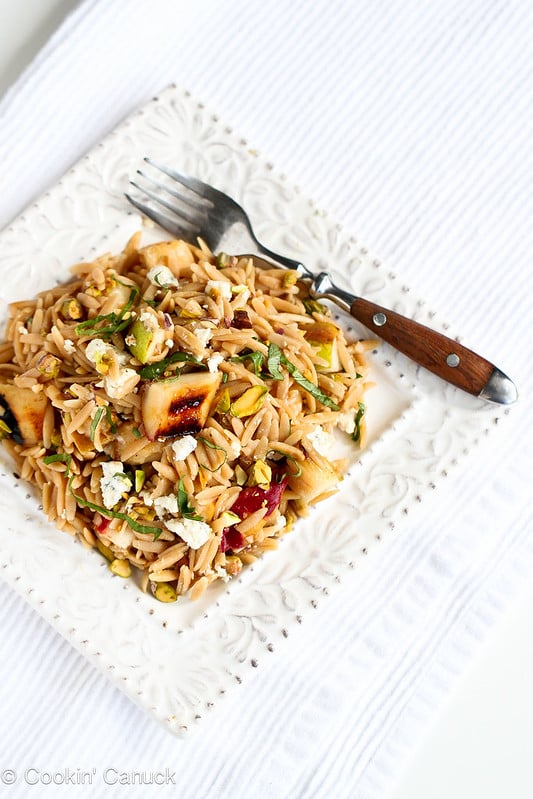 Whole Wheat Orzo with Grilled Pears & Humboldt Fog Cheese Recipe | cookincanuck.com #pasta