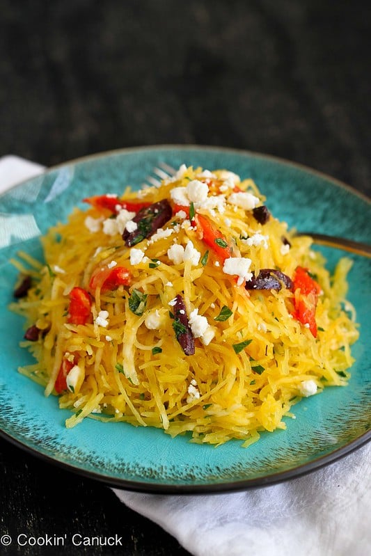 Mediterranean Spaghetti Squash Recipe with Feta Cheese & Roasted Peppers | cookincanuck.com #vegetarian