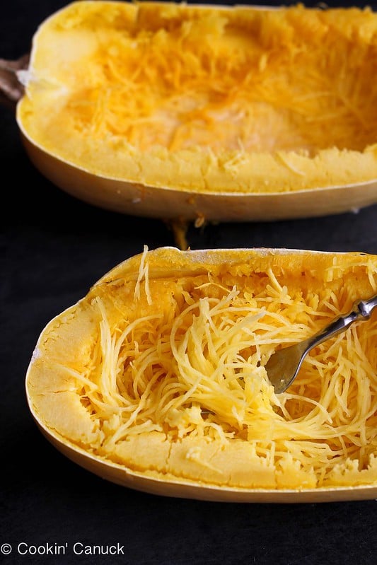 Mediterranean Spaghetti Squash Recipe with Feta Cheese & Roasted Peppers | cookincanuck.com #vegetarian