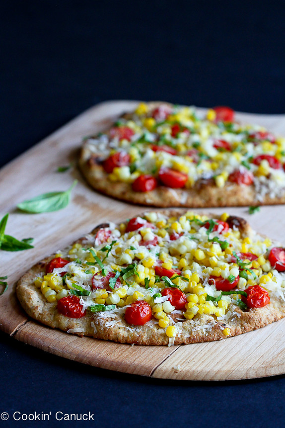 Summer Harvest Naan Pizza Recipe with Corn, Tomatoes & Jalapeño...Amazing flavors of summer in less than 20 minutes. | cookincanuck.com #vegetarian #MeatlessMonday