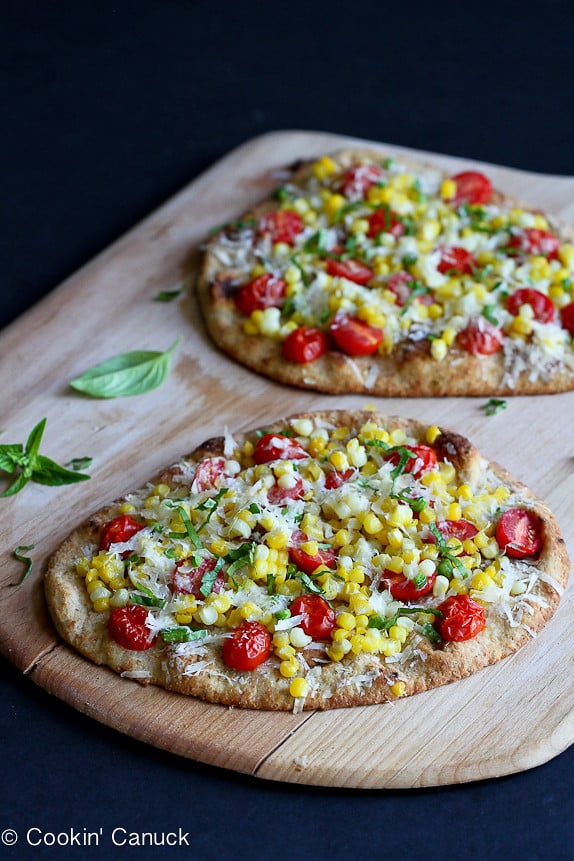 Summer Harvest Naan Pizza Recipe with Corn, Tomatoes & Jalapeño...Amazing flavors of summer in less than 20 minutes. | cookincanuck.com #vegetarian #MeatlessMonday