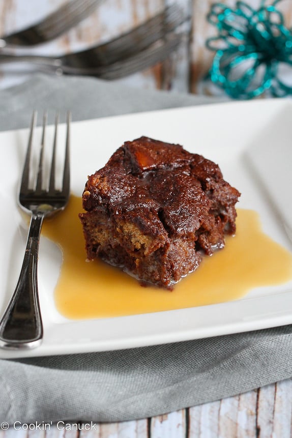 Light Chocolate Avocado Bread Pudding with Maple Rum Sauce...A heavenly dessert with healthy fats! | cookincanuck.com #recipe