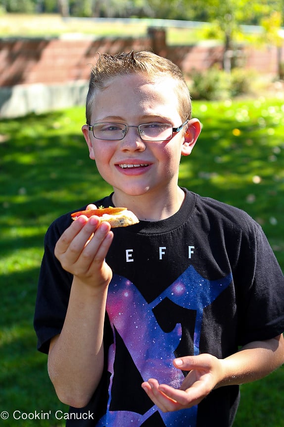 Proudly holding his Cinnamon Apple and Goat Cheese Crostini...Sometimes the simplest recipes are the best! Only 44 calories and 1 Weight Watchers Freestyle SP.