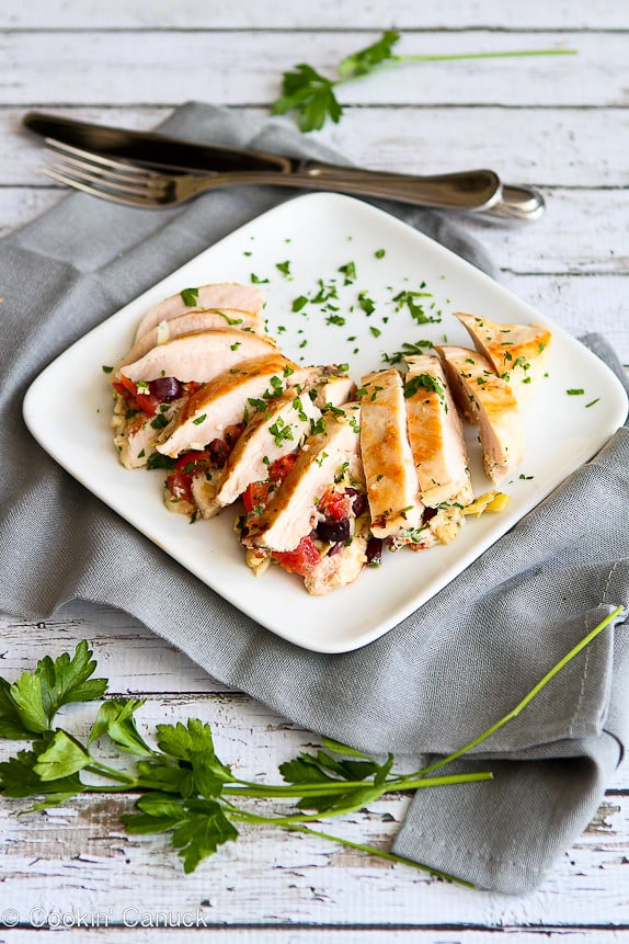 Antipasto Stuffed Chicken Breasts...No more boring chicken breasts! 251 calories and 6 Weight Watcher PP | cookincanuck.com #recipe #healthy #glutenfree