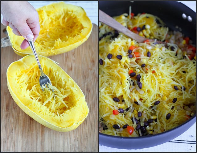 Vegetarian Enchilada Stuffed Spaghetti Squash...A healthy dinner with tons of flavors! 323 cal and 9 Weight Watcher PP | cookincanuck.com #recipe